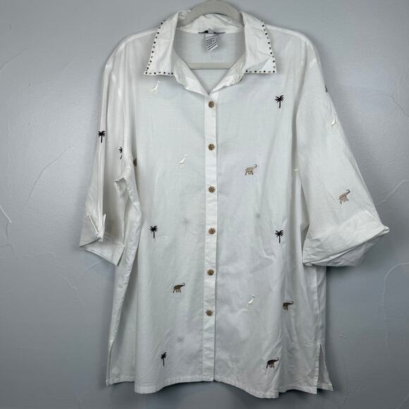 Vintage Safari-Core Shirt 2X | Stonebridge Embroidered Animals & Beaded Collar - Picture 1 of 10